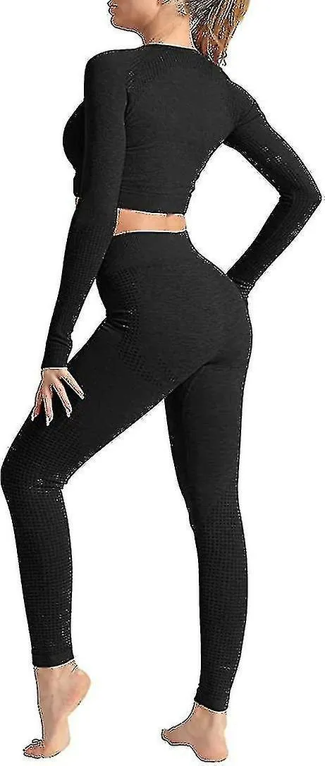 2 Piece High Waist Yoga Outfit Set Gym Long Sleeve Top And Jumpsuit (rose Red) S