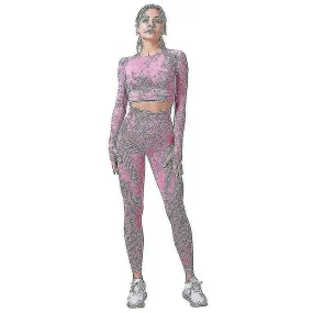 2 Piece High Waist Yoga Outfit Set Gym Long Sleeve Top And Jumpsuit (rose Red) S