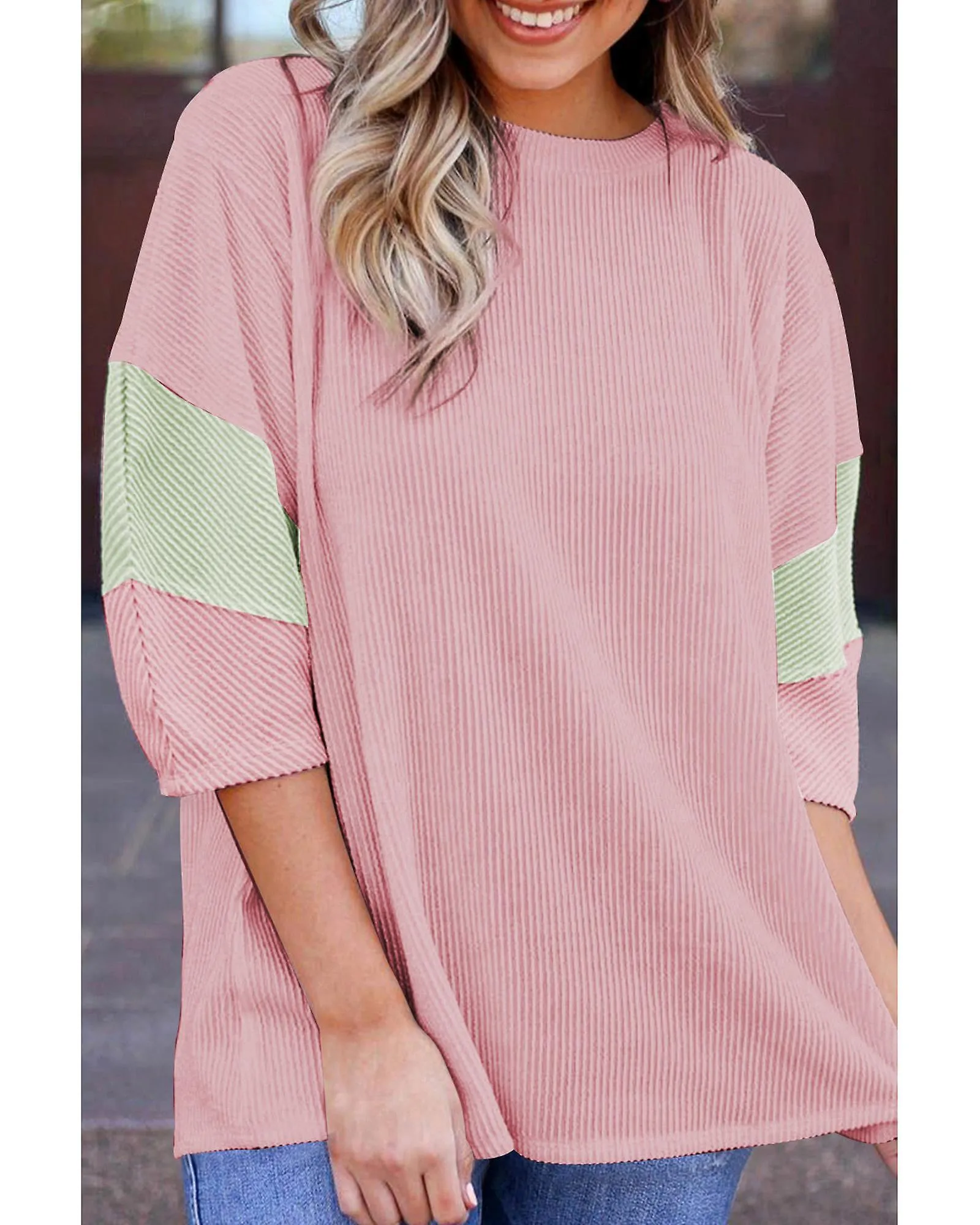 Azura Exchange  Light Pink Color Block Ribbed Knit Quarter Sleeve Top