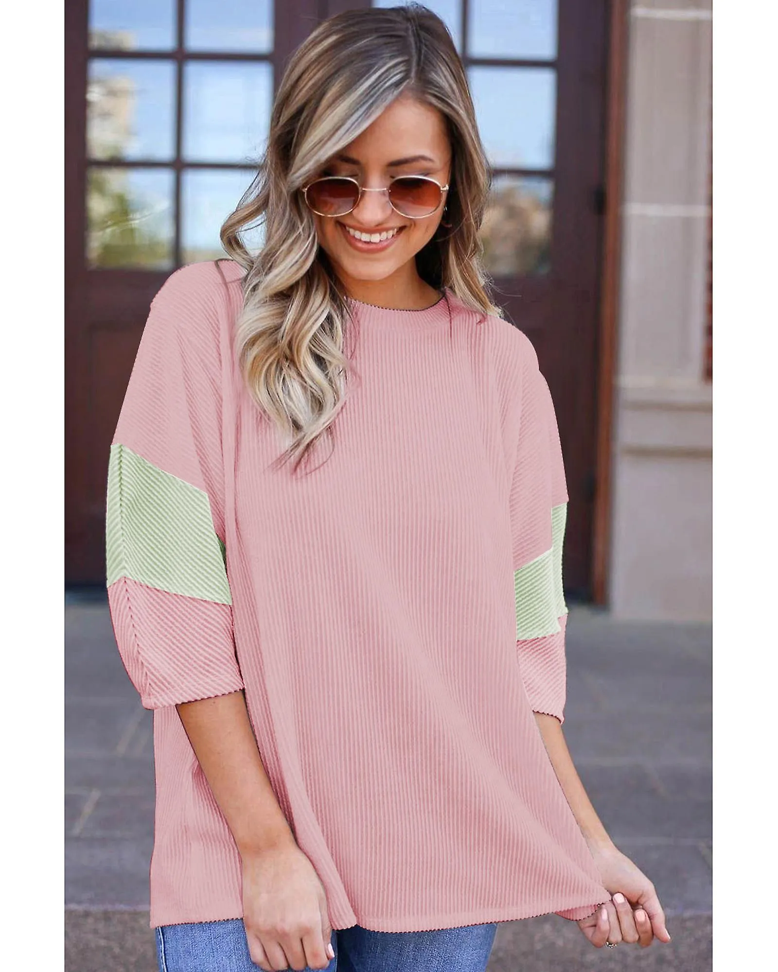 Azura Exchange  Light Pink Color Block Ribbed Knit Quarter Sleeve Top