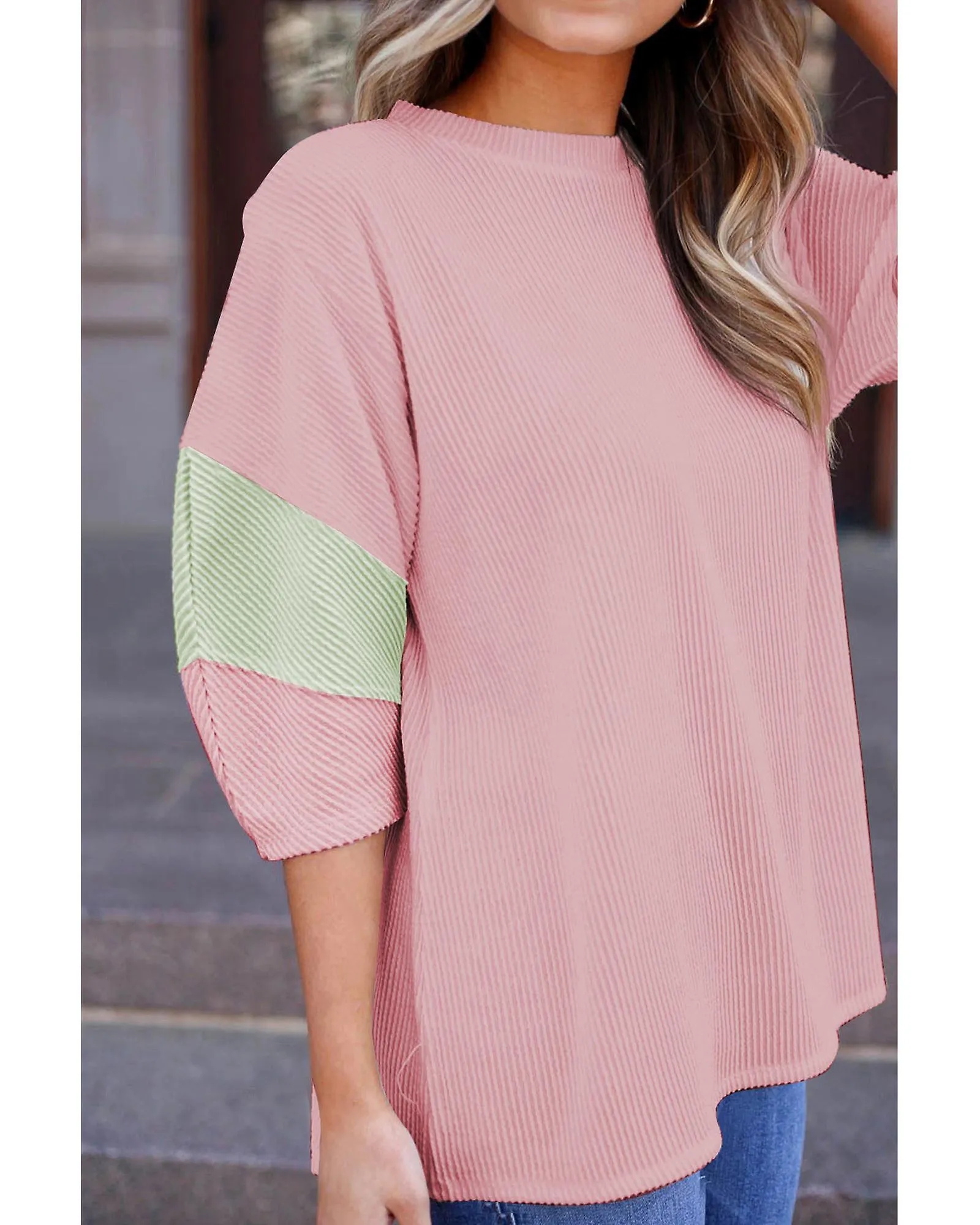 Azura Exchange  Light Pink Color Block Ribbed Knit Quarter Sleeve Top