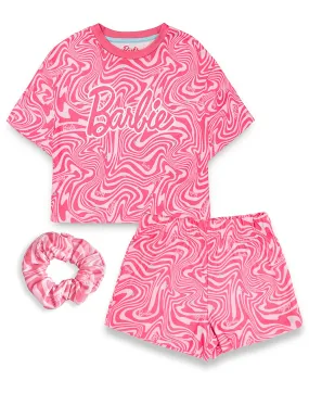 Barbie Girls Short Sleeve Short Leg Pyjama Set Pink All Over Pattern