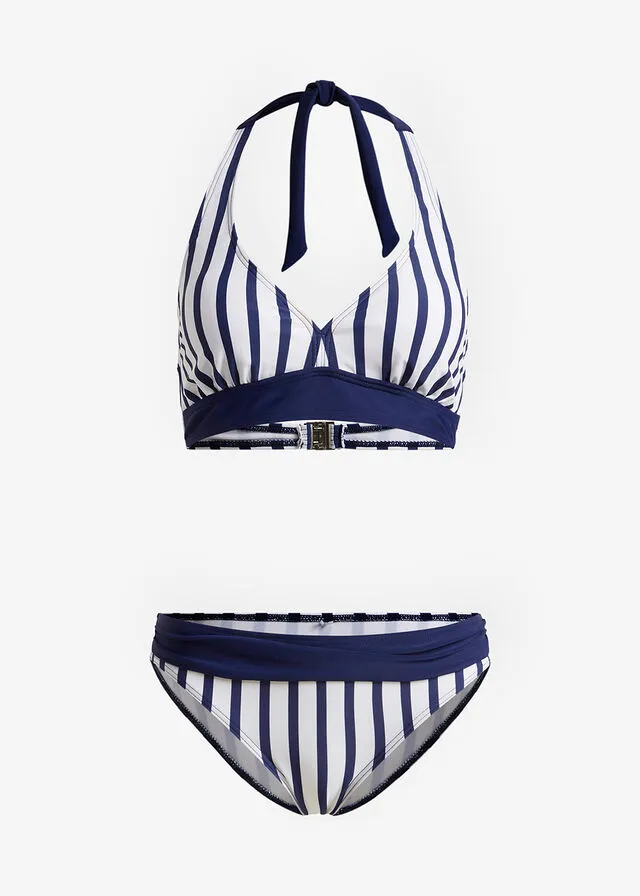 Bikini de cuello halter (2 piezas) azul oxford-blanco con rayas