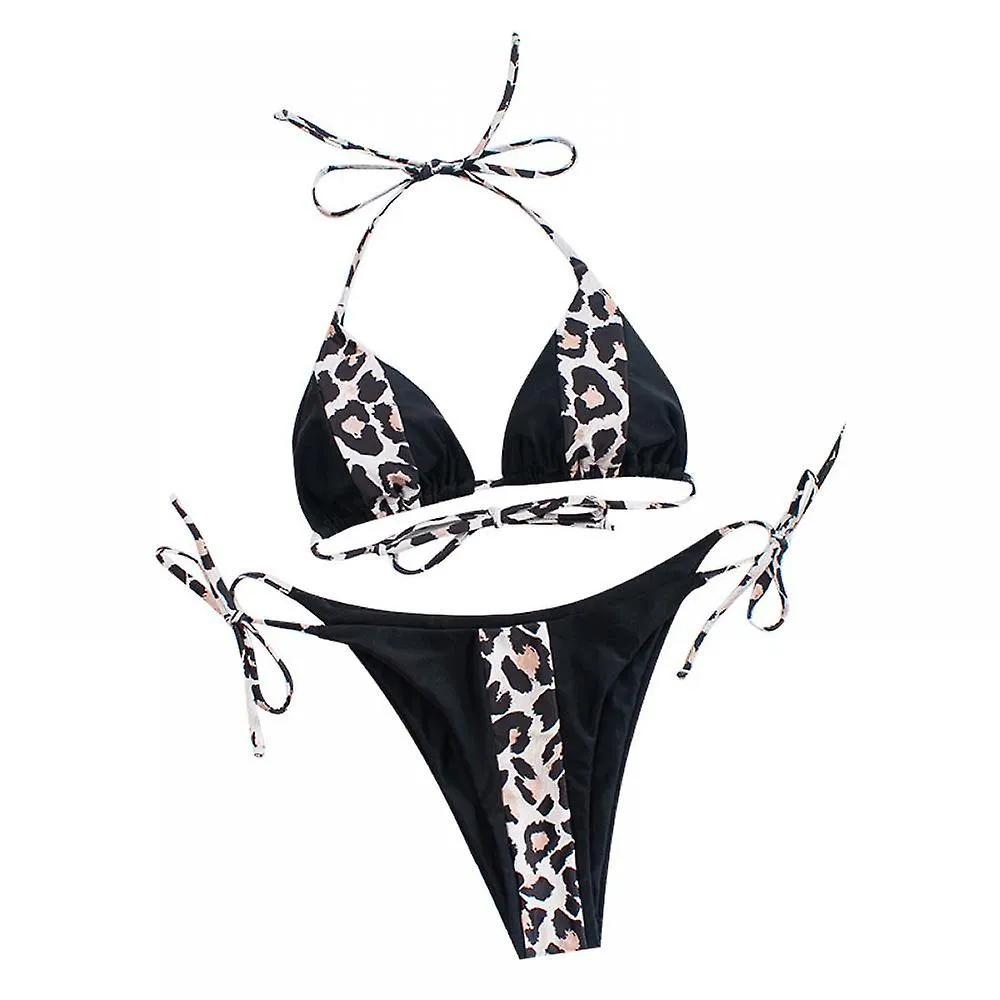 Bikini Leopard Print Color Matching Women's Split Swimsuit Erotogenic Triangle Halter Pleasantly Cool(M)