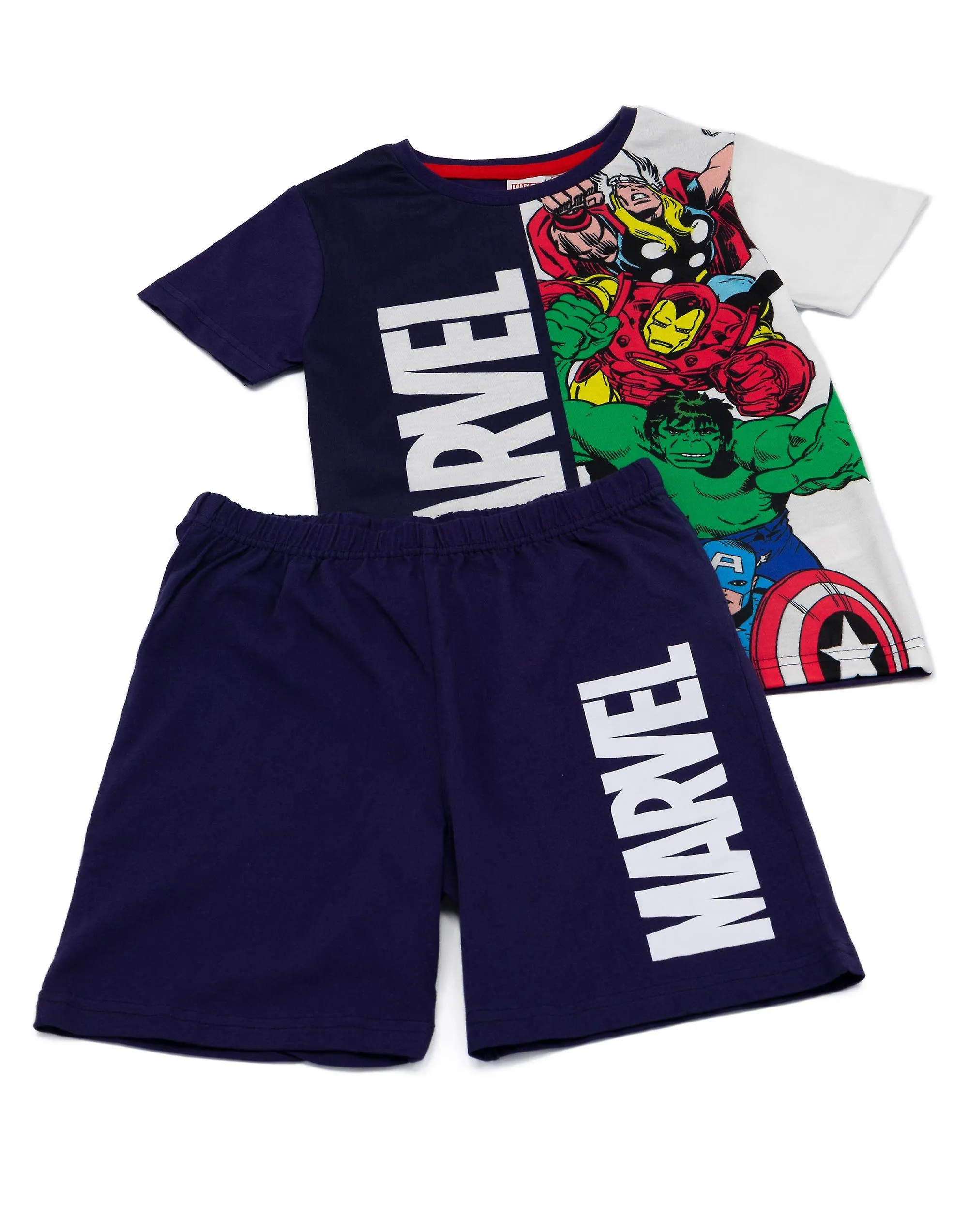 Disney x Marvel Boys Short Sleeve Short Leg Pyjama Set Blue Avengers Characters and Brand Logo