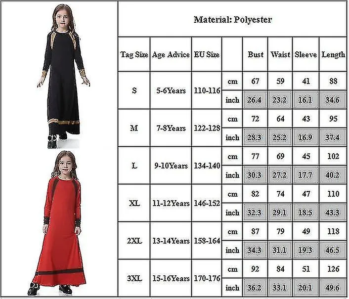 Kids Girls Muslim Abaya Long Sleeve Islamic Party Arab Jilbab Jubba Loose Maxi Dress Robes