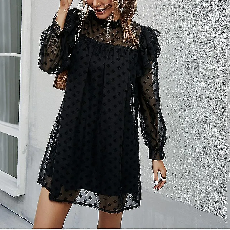 Ladies Jacquard Ruffle Sleeve Mini Dress Women's Crew Neck Sexy High Waist Dress