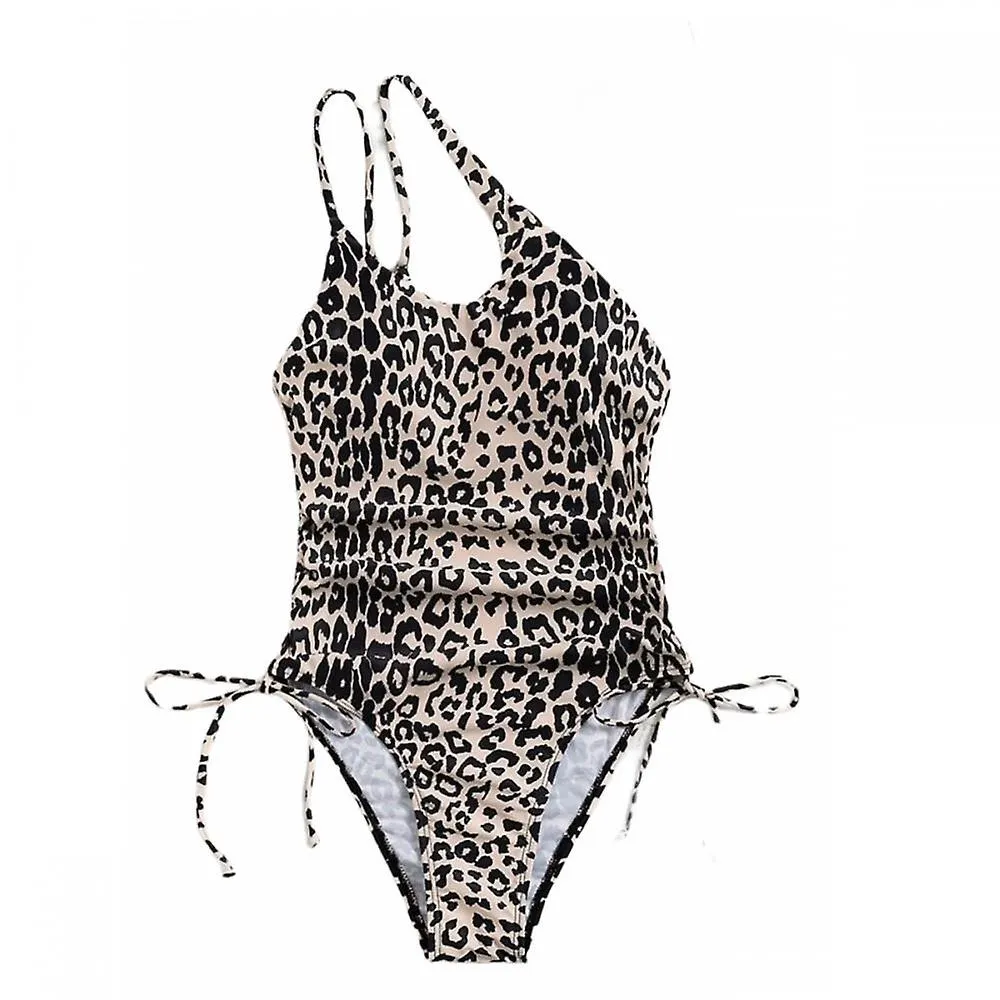 Leopard 1-shoulder Diagonal Shoulder One-piece Bikini, Side Drawcord Pleated Backless Erotogenic Swimsuit (M)