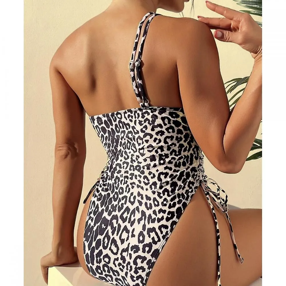 Leopard 1-shoulder Diagonal Shoulder One-piece Bikini, Side Drawcord Pleated Backless Erotogenic Swimsuit (M)