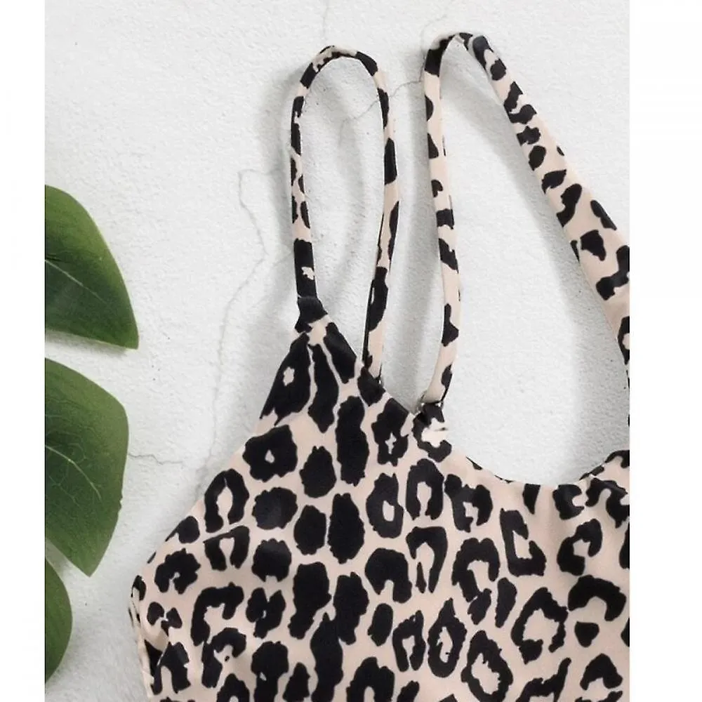 Leopard 1-shoulder Diagonal Shoulder One-piece Bikini, Side Drawcord Pleated Backless Erotogenic Swimsuit (M)