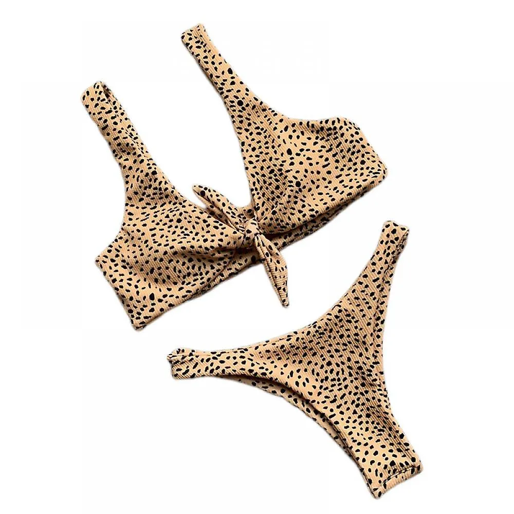 Leopard Bikini, Knotted Decoration, V-neck Women's Split Open-back Swimsuit, for Holiday, Surfing (s)