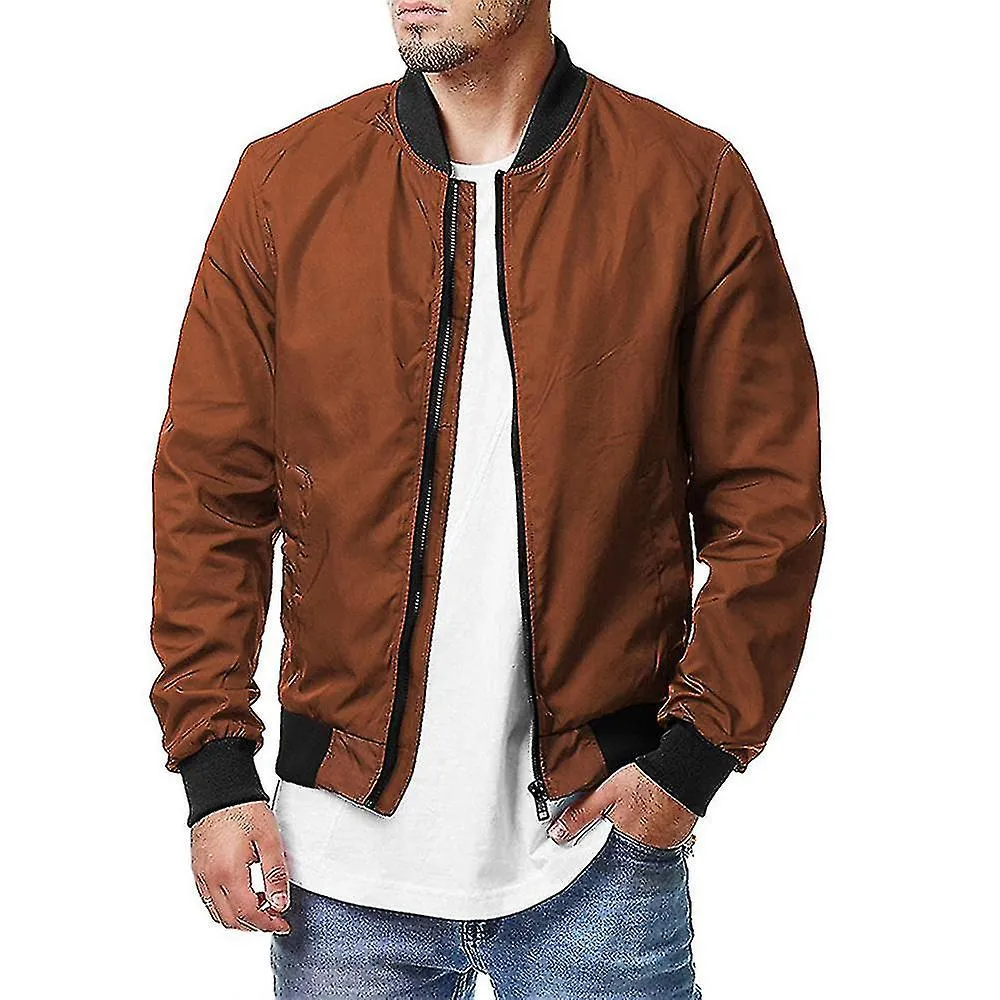 Men Classic Bomber Jacket Long Sleeve Casual Zip Up Coat Outwear Tops-XL-Caramel