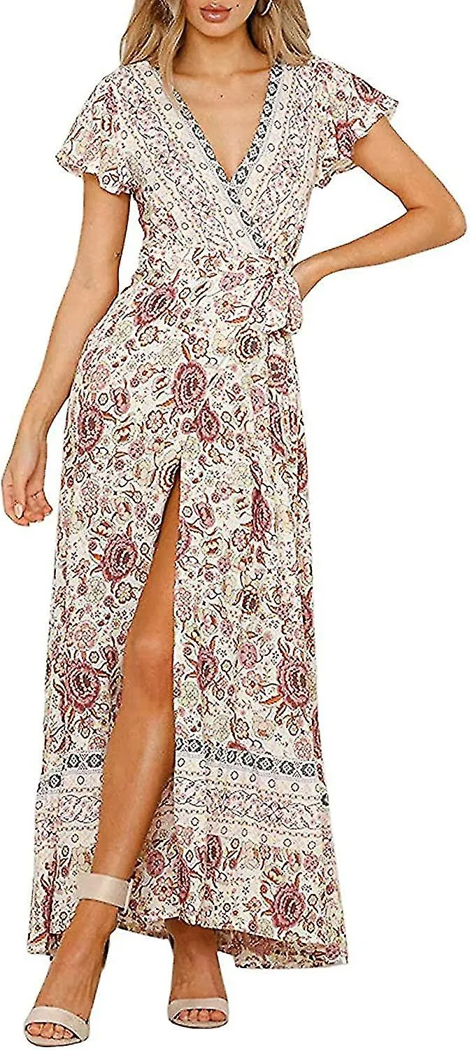 Mujer Bohemian Fl Printed Wrap V Neck Short Sleeve Split Beach Maxi