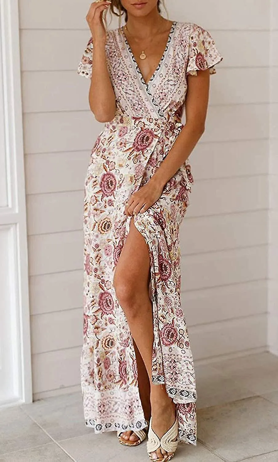 Mujer Bohemian Fl Printed Wrap V Neck Short Sleeve Split Beach Maxi