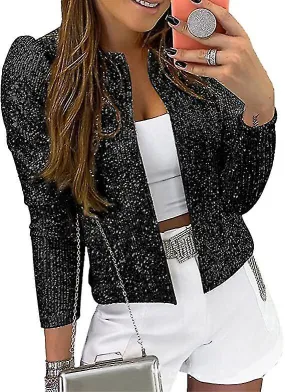 Mujer Sequin Blazer Open Front Jacket Party Christmas Puff Sleeve Sparkly Coats