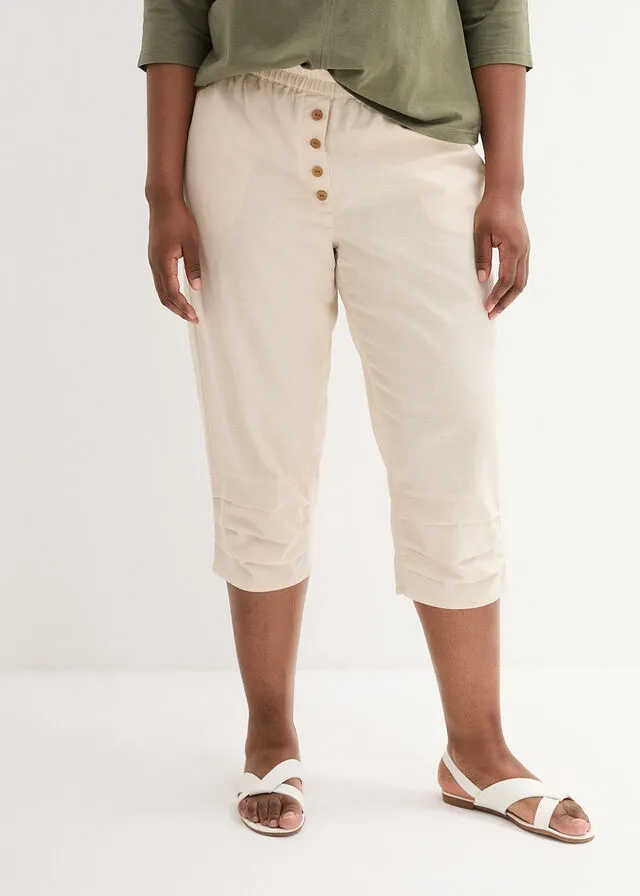 Pantalón de talle alto y largo 3/4 con lino y cintura cómoda Blanco