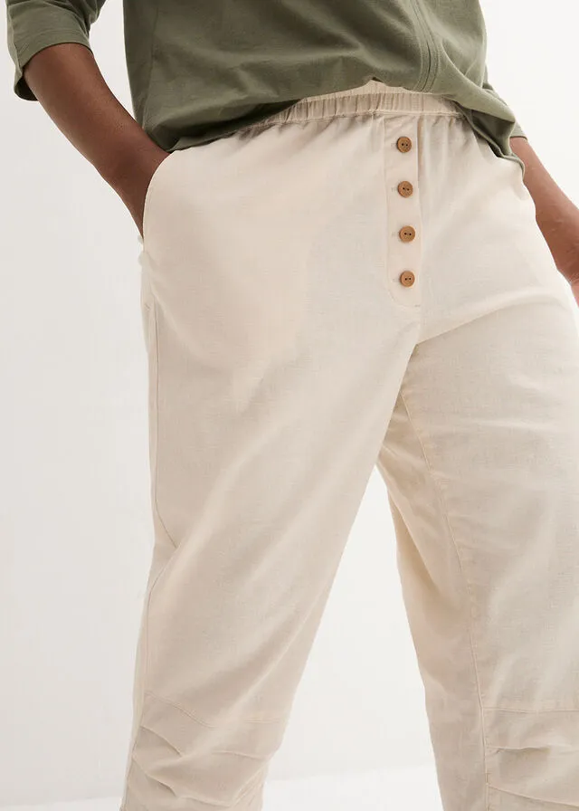 Pantalón de talle alto y largo 3/4 con lino y cintura cómoda Blanco