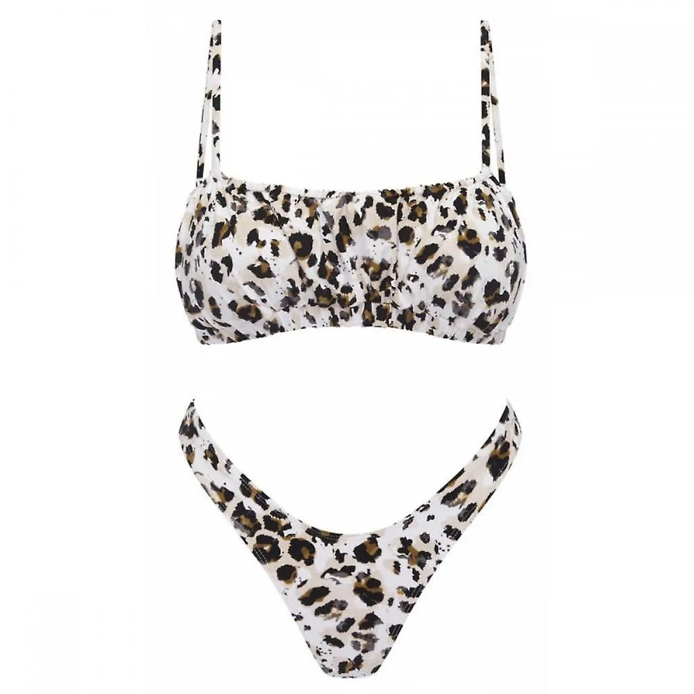 Pleated Suspender Swimsuit Sexy Leopard Print Bikini Women's Chinlon 2-piece, Suitable for Small Chest (L)