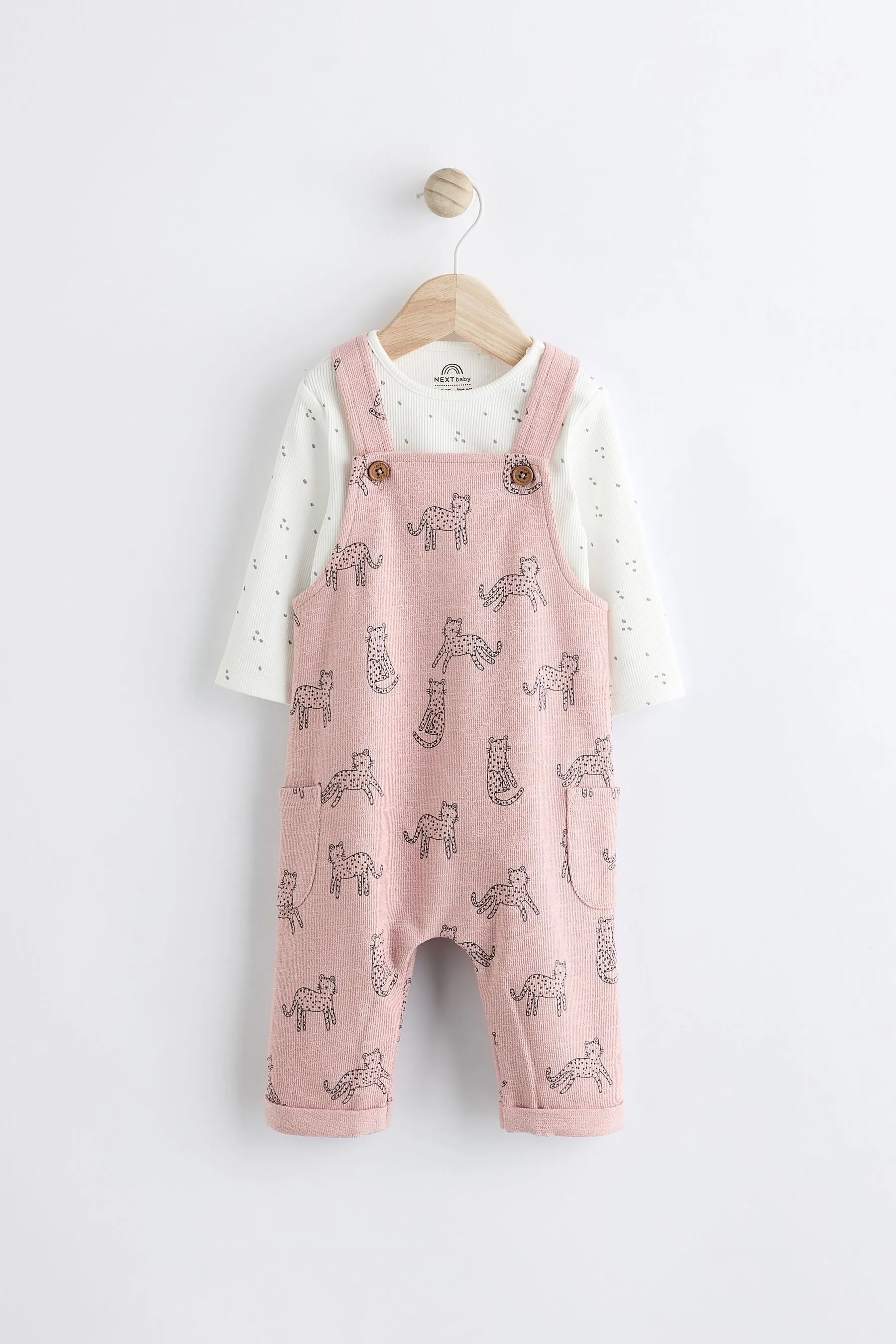 Rosa leopardo - Baby Jersey Dungarees & Long Sleeve 100% Cotton Bodysuit Set (0mths-2yrs)