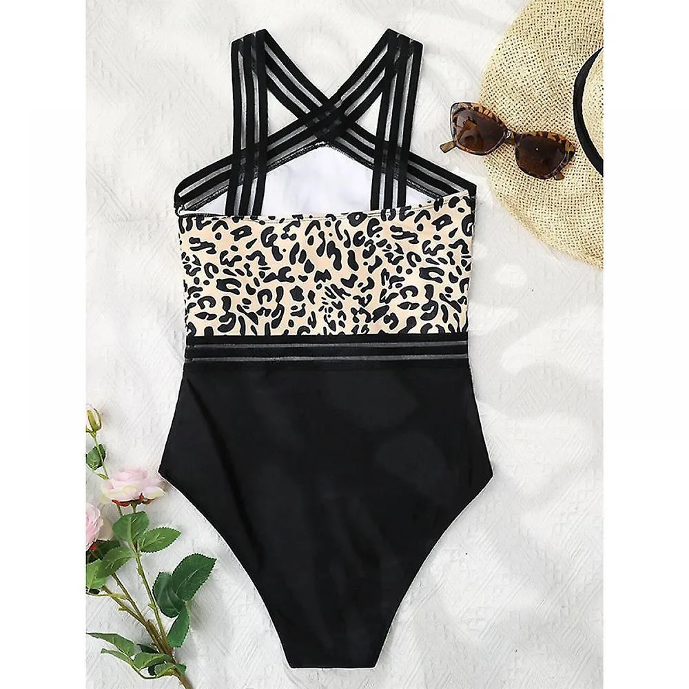 Sexy Beach Summer Backless Women's 1-piece Leopard High-waisted Bikini, Elastic Back Cross Rope, Sling (M)