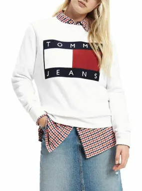 sudadera tommy jeans flag crew blanco mujer