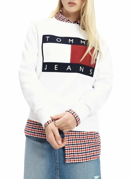 sudadera tommy jeans flag crew blanco mujer