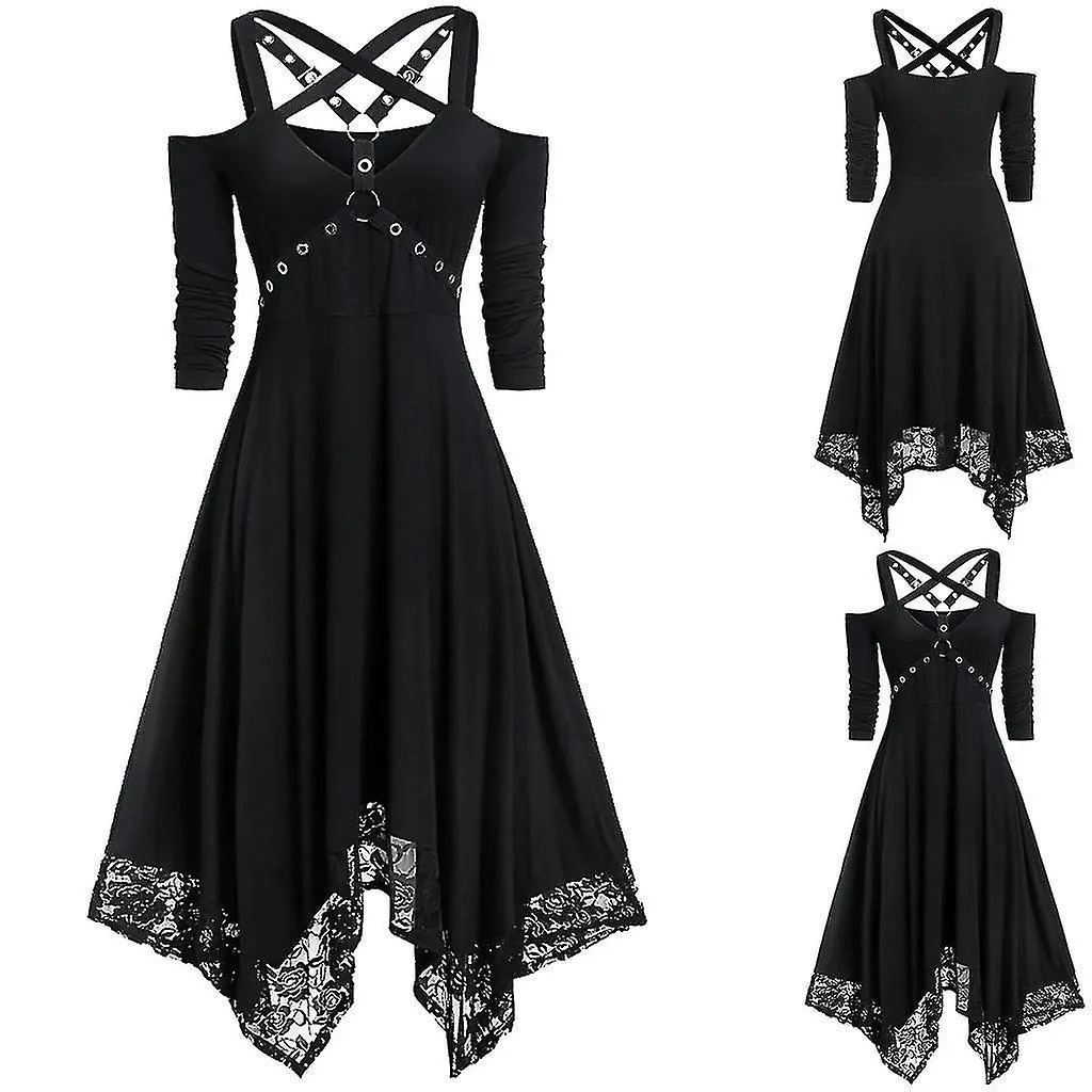 Summer Dress Women Halloween Plus Size Open Shoulder Lace Half Sleeve Gothic Dress Women's Skirts