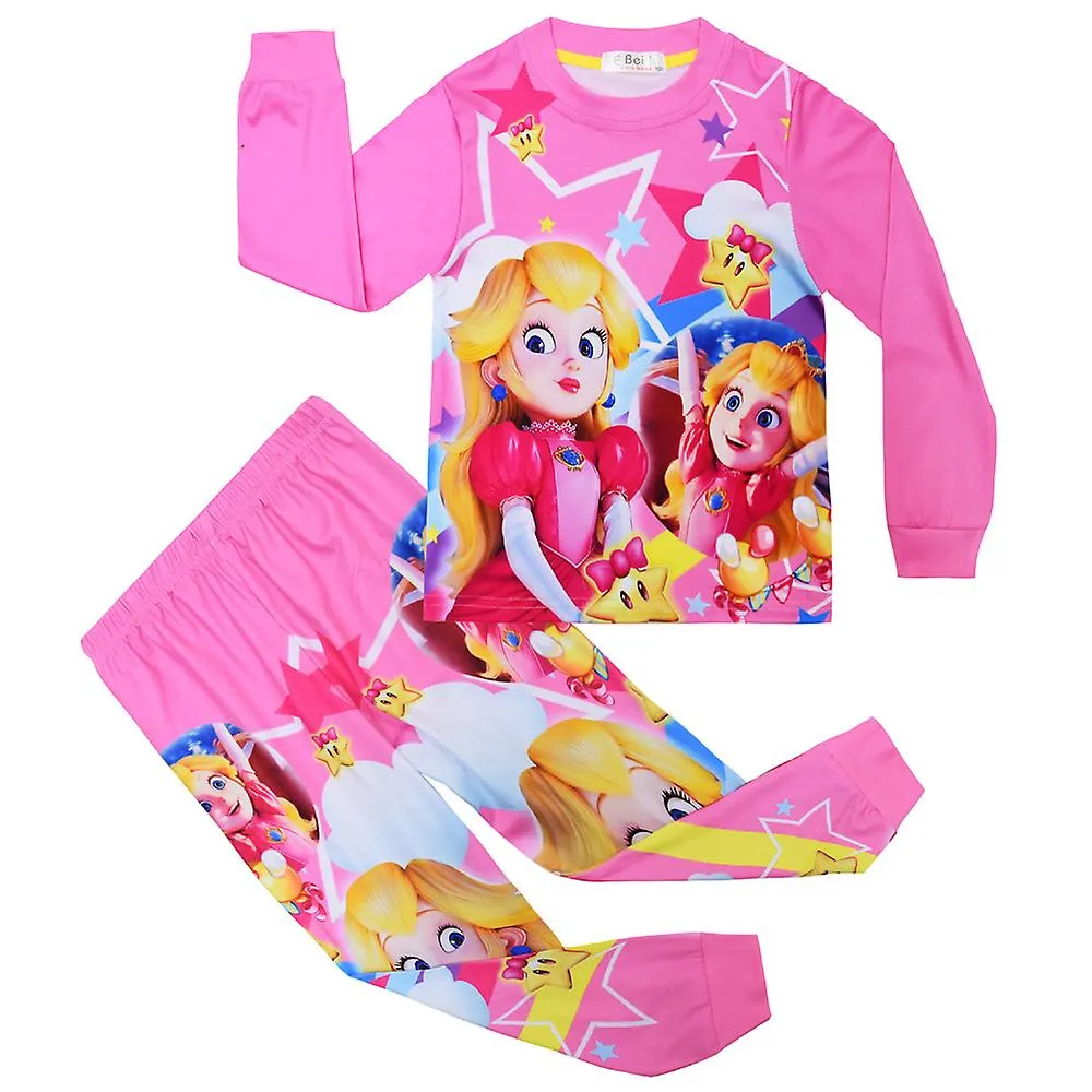 Super Mario Bros Princess Peach Print Kids Girls Pajamas Set Long Sleeve T-shirt Pants Outfit Loungewear