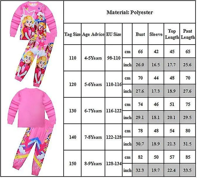 Super Mario Bros Princess Peach Print Kids Girls Pajamas Set Long Sleeve T-shirt Pants Outfit Loungewear