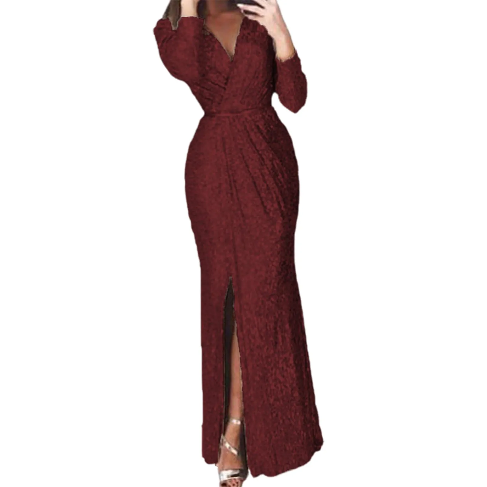 Women Deep V Neck Sequin Dress with Slit Long Sleeve Club Party Evening Dress For Women Lady