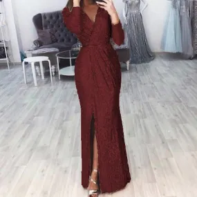 Women Deep V Neck Sequin Dress with Slit Long Sleeve Club Party Evening Dress For Women Lady