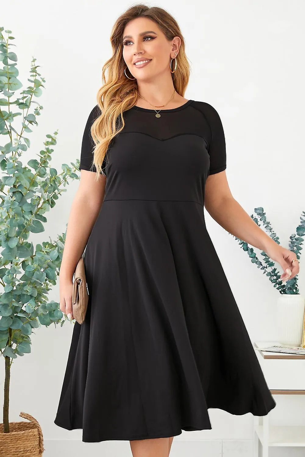 Women's Black Mesh Crew Neck Short Sleeve High Waist Plus Size Midi Dress