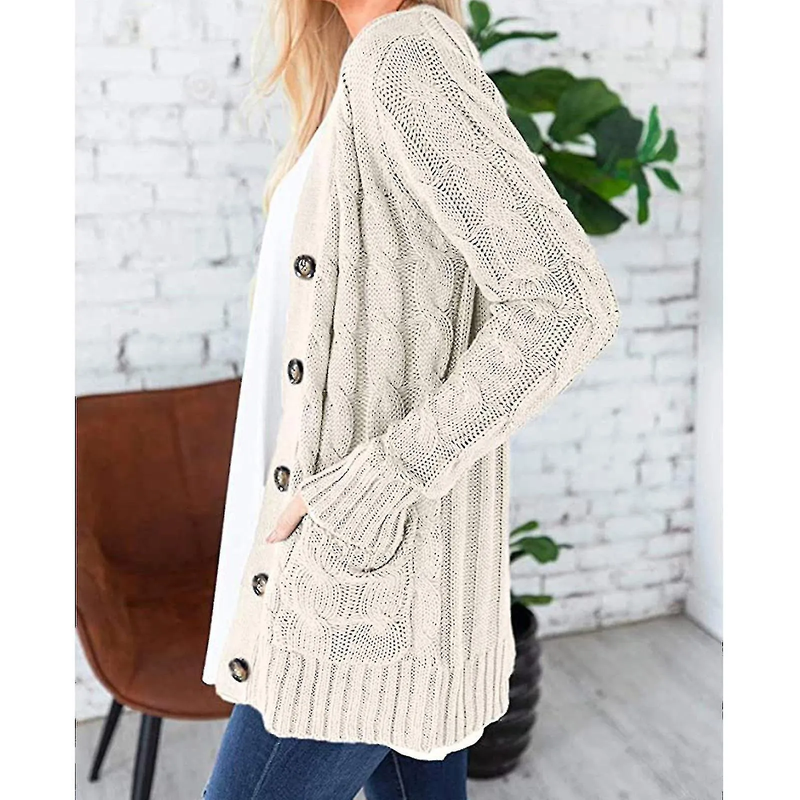 Women\'s Long Sleeve Cable Knit Cardigan With Pocket Casual Coat Solid Color