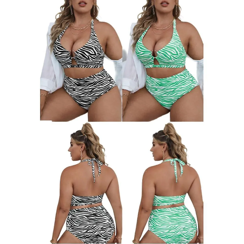 Women's Plus Size Halter Bikini Set Zebra Print Cut Out O Ring Swimsuit High Cut Tummy Control 2 Piece Bathing Suit