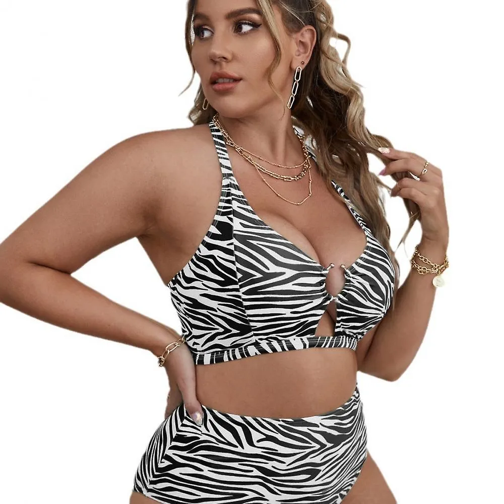 Women's Plus Size Halter Bikini Set Zebra Print Cut Out O Ring Swimsuit High Cut Tummy Control 2 Piece Bathing Suit