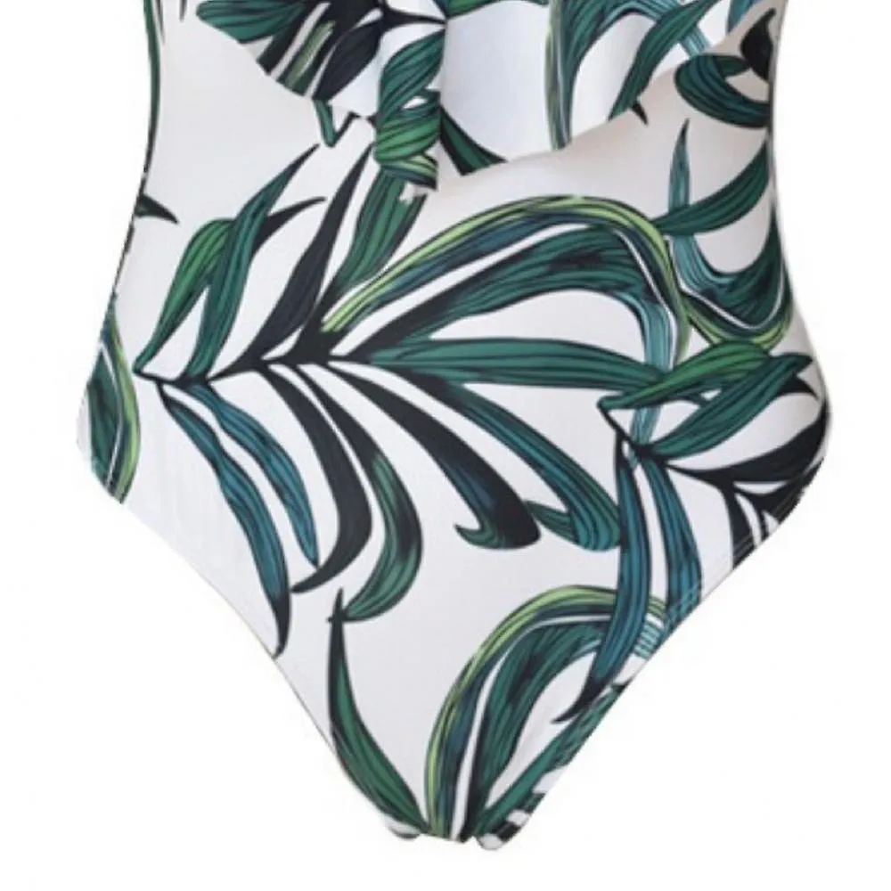 Women's Sexy One-piece Bikini, Leaf Print Ruffle Deep V-neck Slim Swimsuit, for Swimming, Surfing, Sand Bath, White (M)