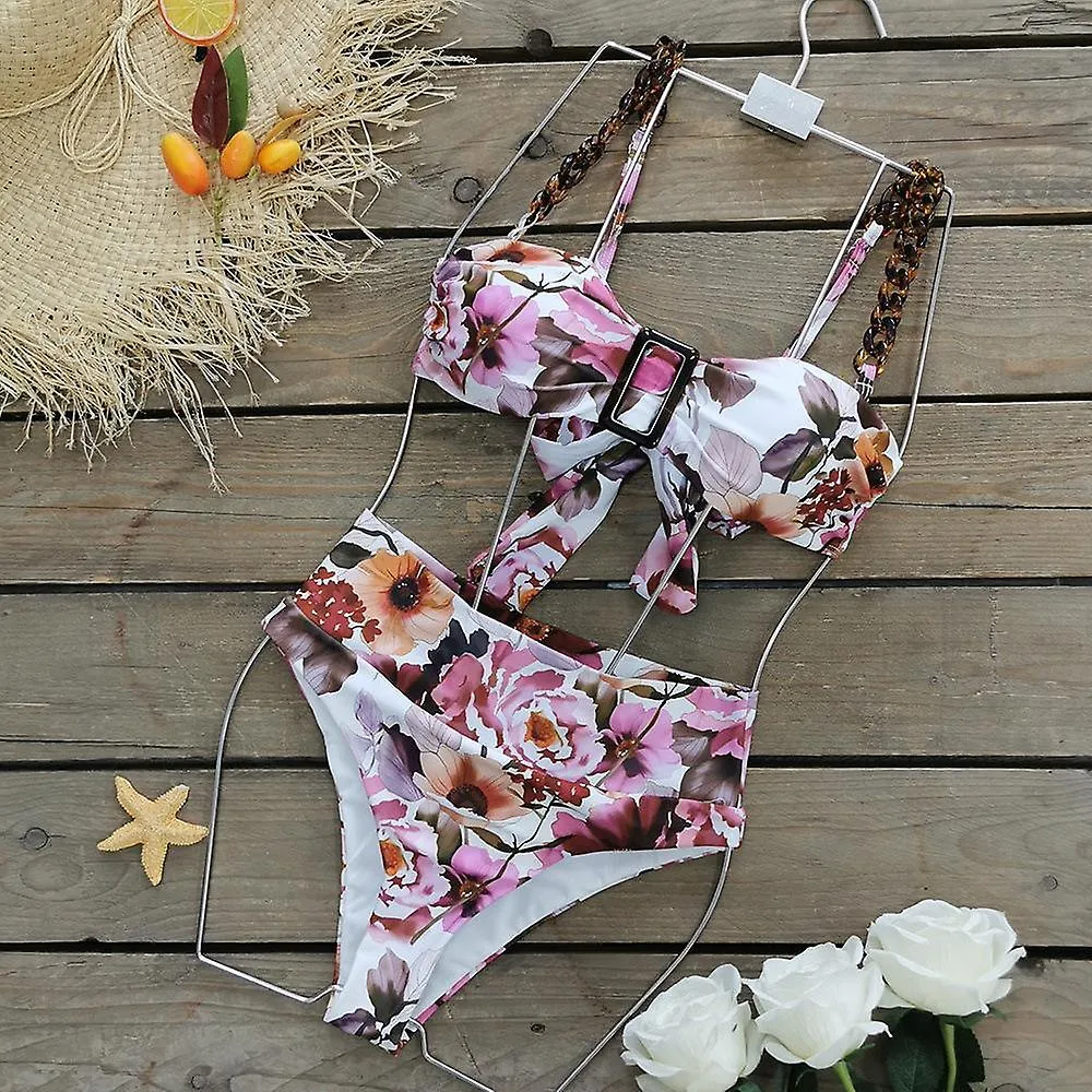 Women's Sexy Split Bikini, Flower Pattern, Chain Sling Strap, High-waist, Chest Square Button Decoration, White (S)