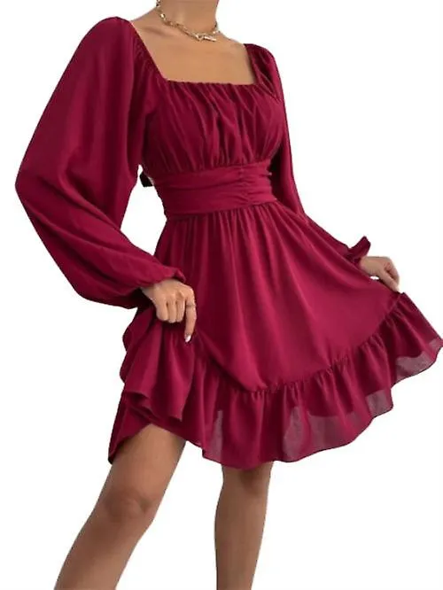 Women's Square Neck Tie Back Elastic Waist Long Sleeve Ruffle Mini Dress