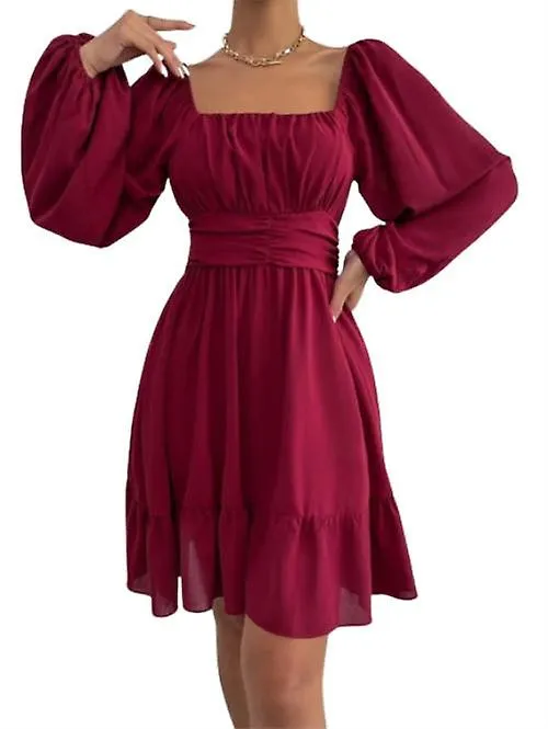 Women's Square Neck Tie Back Elastic Waist Long Sleeve Ruffle Mini Dress