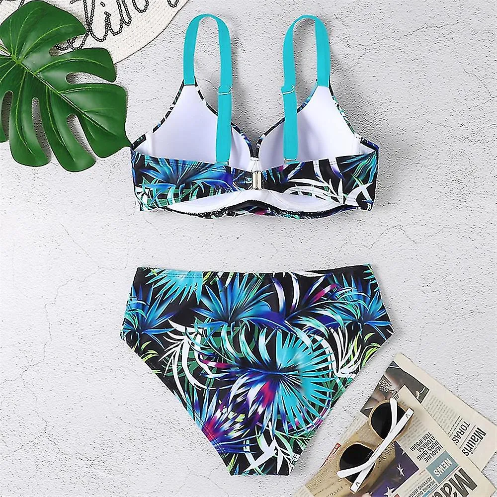 Women's Swimwear Bikini 2 Piece Swimsuit Backless 2 Piece Push Up Sexy Printing Leaf V Wire Vacation Beach Wear Bathing Suit