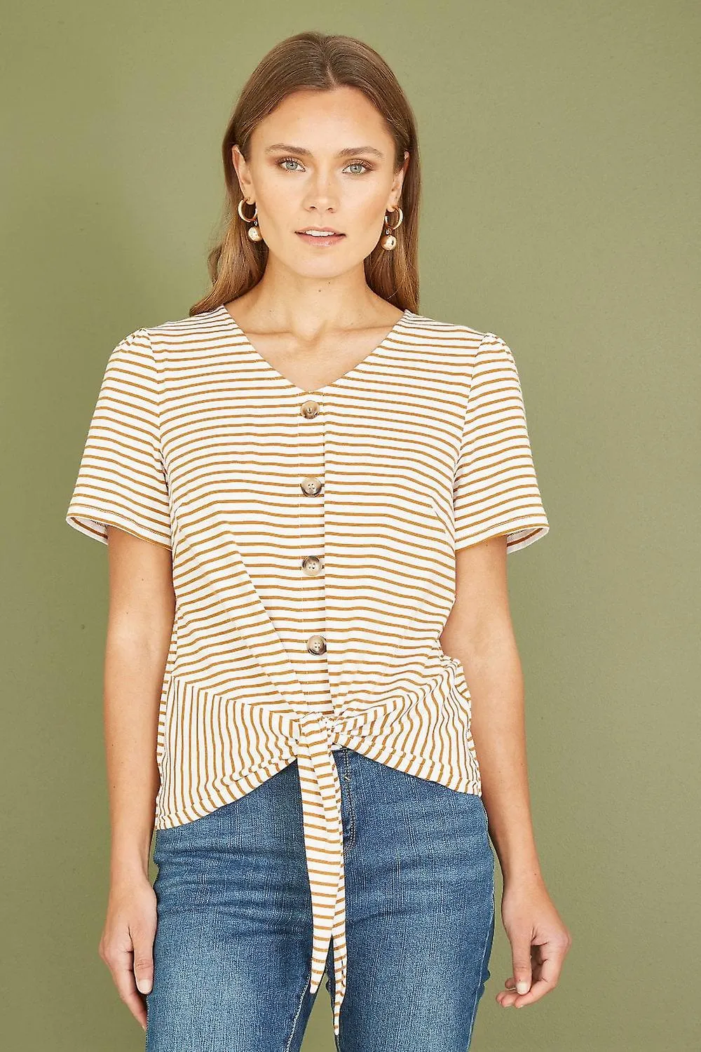 Women's Yumi Brown Striped Jersey Button Detail Top