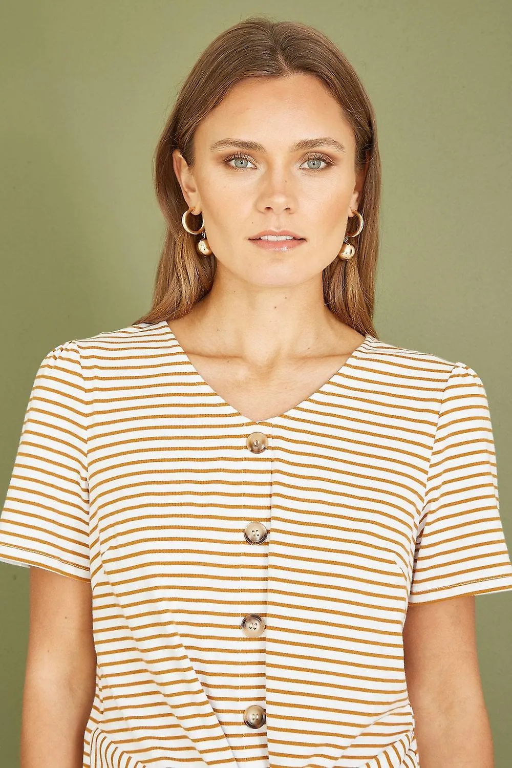 Women's Yumi Brown Striped Jersey Button Detail Top