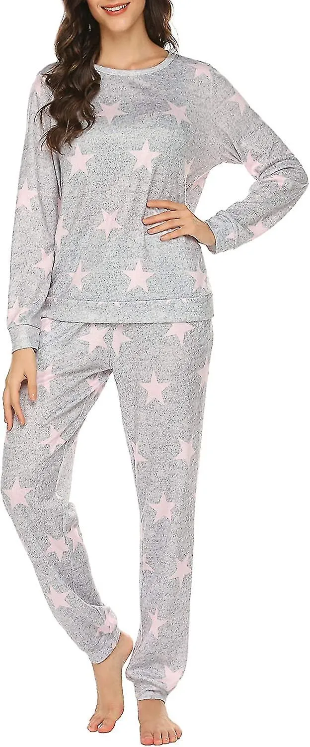 Womens Pajama Set Long Sleeve Sleepwear Star Print Nightwear Soft Pjs Lounge Sets With Pockets